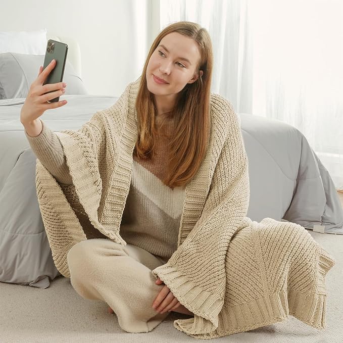 Knit Throw Blanket, Soft Chenille Cozy Breathable Chevron Chunky Decorative Blanket for Couch, Bed & Sofa, French-Inspired Lightweight Warm Gift for Women, Beige, 60"x80"