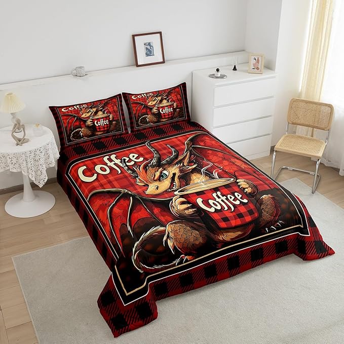 Feelyou Dragon Comforter Set Queen Size Dragon Stuff Comforter for Boys Girls Teens Coffee Bedding Set Dragon Decor Duvet Set Room Decor Red Brown Quilt Set