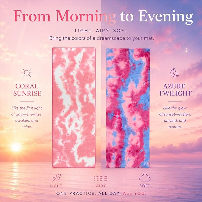 Eunzel 2 Pack Yoga Towel,Hot Yoga Mat Towel with Grip Dots Sweat Absorbent Non-Slip for Hot Yoga, Pilates and Workout 24" x72, Coral Sunrise & Azure Twilight