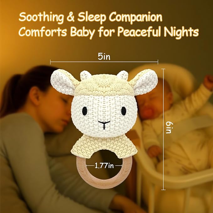 Sheep Baby Rattle for Newborn Plush Rings Crochet Lamb Teether Toy Wood Handle Textured Sensory Grip Fine Motor Skills Teething Toy Cute Farm Animal Plush Stuffed Stuffer Photo Prop