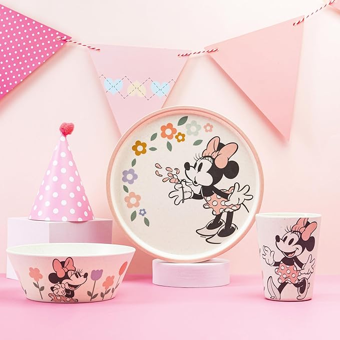 Zak Designs Disney Kids Dinnerware Set 3 Pieces, Durable and Sustainable Melamine Bamboo Plate, Bowl, and Tumbler are Perfect For Dinner Time With Family (Minnie Mouse)