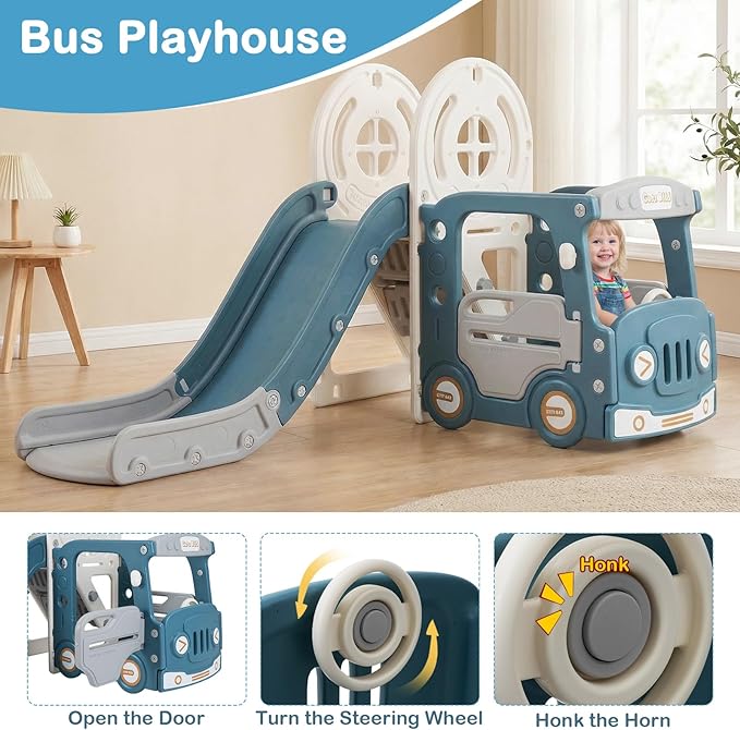 OLAKIDS Toddler Slide and Swing Set, 5 in 1 Bus Themed Baby Slide with Climber Basketball Hoop Car Playhouse for Indoor Outdoor Boys Girls Aged 3+ (Blue)