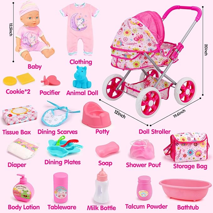 Baby Doll Stroller Set Toys for Girls Toddlers 3-5 4-6 5-7, Baby Doll Playset with 12.5 inch Doll, Bathtub and 20PCS Baby Doll Accessories, Baby Stroller Toys for 3 4 5 6 Year Old Girls Birthday Gift