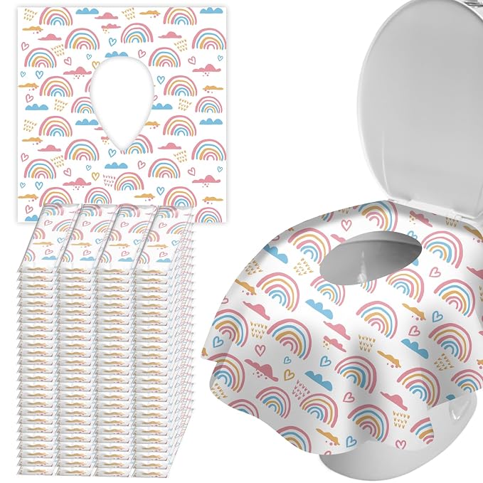 100 Pack Toilet Seat Covers Disposable, Extra Large No-Slip Waterproof for Toddler Potty Training, Individually Wrapped Portable Travel Essentials for Adults Kids Use in Public Restrooms-Rainbow