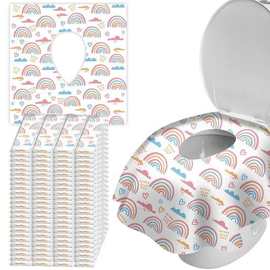 100 Pack Toilet Seat Covers Disposable, Extra Large No-Slip Waterproof for Toddler Potty Training, Individually Wrapped Portable Travel Essentials for Adults Kids Use in Public Restrooms-Rainbow