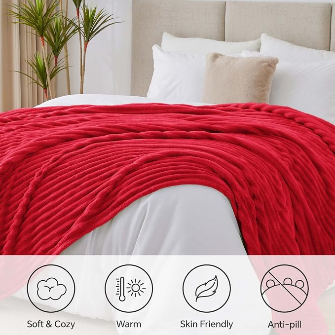 BEDELITE Ribbe Blankets Queen Size for Bed, Red, 90"x90" | Ultra-Soft Plush Fleece, Warm Yet Lightweight, Ribbed Texture, Home Decor, Machine Washable, Giftable, All-Season Use
