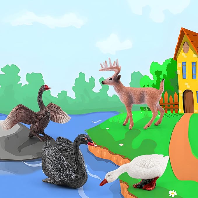 LC JoyCre 4PCS Black Swan Figurine Swan Toy Deer Figurine Animal Figure for Toddlers Preschool Animals Figures Eduactional Project Diorama Model Toy for Kids 3 4 5 6