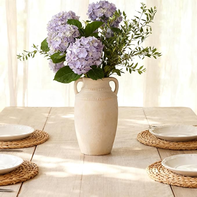 10inch Retro Beige Large Ceramic Vase with Handles, Flower Vase for Home Decor & Wedding Centerpiece, for Housewarming, Bridal Shower, Family Decorators