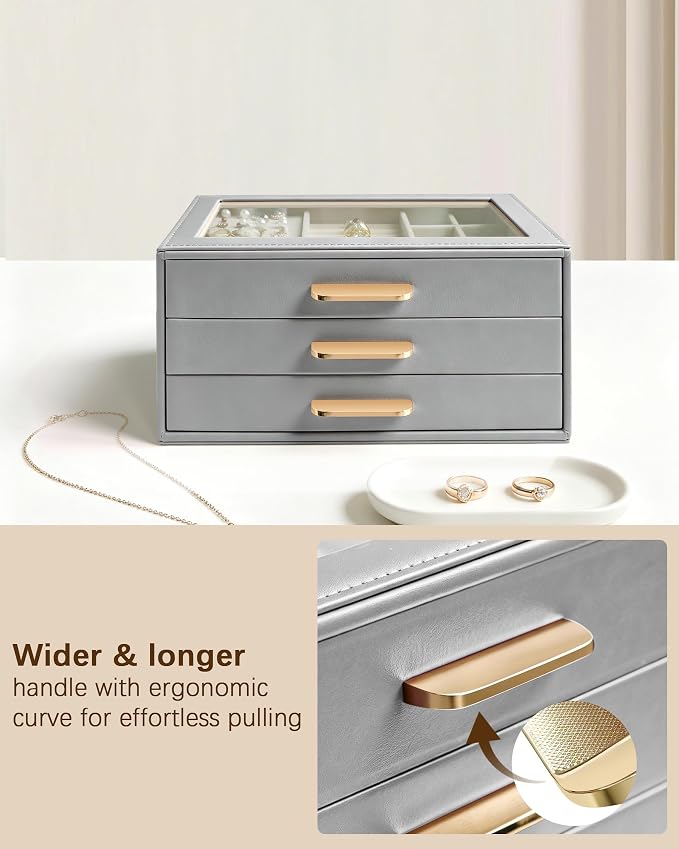 Homeanda Jewelry Boxes Organizer with Glass Lid, 3-Layer PU Leather, Grey | Modern style display case with 3 drawers for daily jewelry, women, mom or girl gift