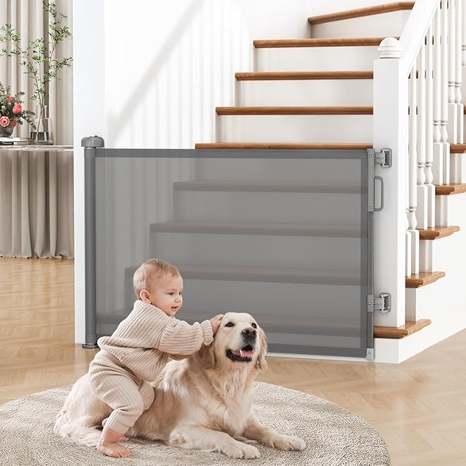 Retractable Baby Gate for Stairs & Doorways, Mesh Dog Gate Indoor Outdoor, Extends to 55" Wide 34" Tall Child Gate for Hallways, Deck, Porch, Pet Toddler Safety Essentials, Easy Install, Grey