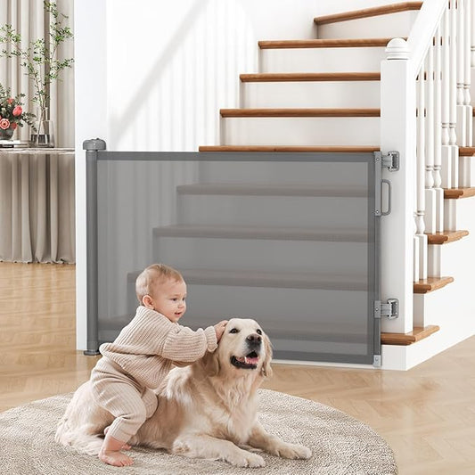 Retractable Baby Gate for Stairs & Doorways, Mesh Dog Gate Indoor Outdoor, Extends to 55" Wide 34" Tall Child Gate for Hallways, Deck, Porch, Pet Toddler Safety Essentials, Easy Install, Grey