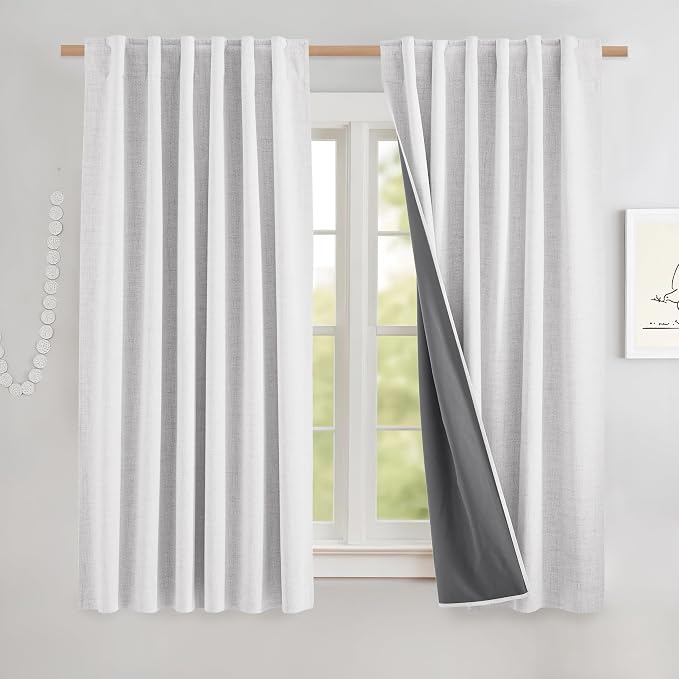 NICETOWN Linen 100% Blackout Cafe Curtains, Thermal Insulated & Noise Reducing Draperies with Grey Liner, Rod Pocket Short Drapes for Kids Room, Kitchen (52" W by 48" L, 2 Panels, Greyish White)