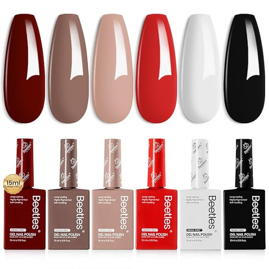 Beetles Hema-Free Gel Nail Polish Set - 6 Colors 15ML Brown Burgundy Black White Red Nude Soft Classics Polish Soak off Uv Led Lamp Nail Art Salon Colorful Bottle Manicure