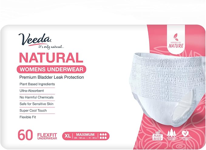 Veeda Natural Adult Incontinence Underwear for Women - Postpartum Underwear for Bladder Leakage Protection - Disposable Underwear with Maximum Absorbency - X-Large Size - 60 Count