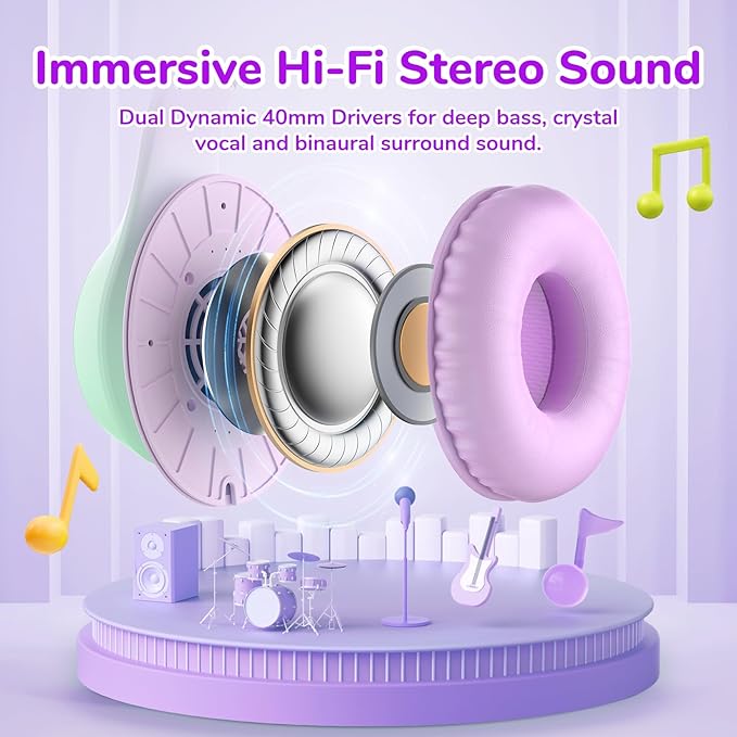 EarFun K3 Kids Headphones, Over Ear Headphones with Microphones, 85/94dB Volume Limit, HD Stereo Sound, Foldable Wired Headphone for School/Travel/Boys/Girls/Tablet/iPad (3.5mm Plug with Mic, Violet)
