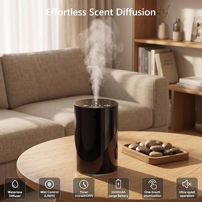 VOCOlinc Waterless Diffuser for Essential Oil Starter Kit with 10mL Hotel Scent Fragrance Oil, Battery Operated Nebulizer, Mini Scent Air Machine, 3 Timers & 3 Mist Levels for Home, Room, Car, Office