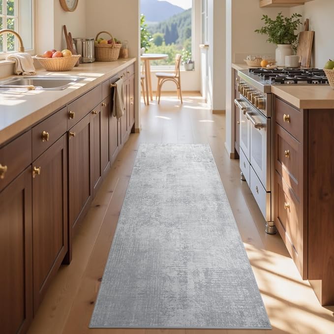 2x6 Ft Washable Runner Rug, Non-Slip Low Pile Hallway Kitchen Area Rug, Soft Long Entryway Floor Mat Abstract Pattern Carpet for Bedside & High-Traffic Areas (Grey)