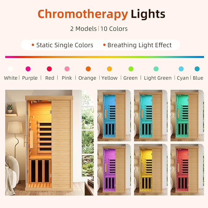Infrared Sauna for Home, Sauna Spa Room Canadian Hemlock Wood with 10-Color Light , Bluetooth Speakers, Tempered Glass & Control Panel - 149℉ Heating, Indoor Dry & Steam Sauna – 33.5" x 33.5" x 67"