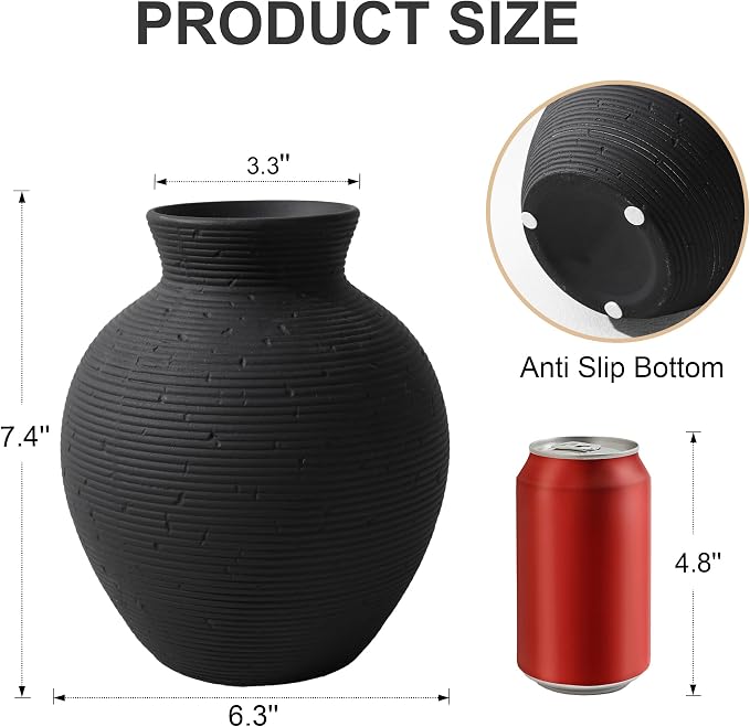 Ceramic Flower Vase Home Decor, 7.4 in Farmhouse Table Vases Retro Vintage Living Room Kitchen Bedroom Decoration Pottery Decorative Vases for Flowers House Shelf Office Desk Dining Entryway, Black