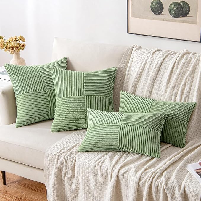 MIULEE Sage Green Decorative Lumbar Throw Pillow Covers 12x20 Inch 2 Pack | Boho Farmhouse Pillow Covers, Soft Cross Corduroy Patchwork Textured Cushion Cases For Bed Sofa