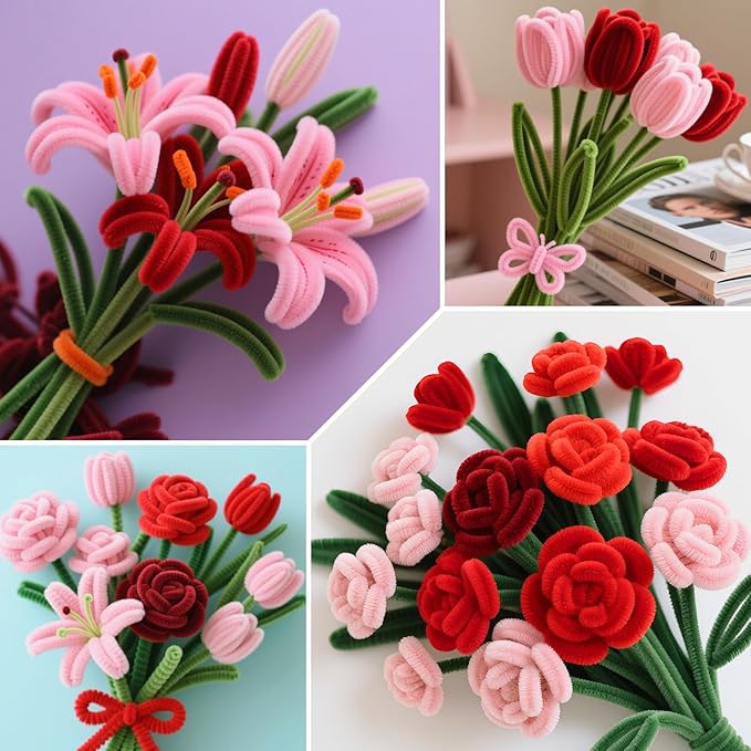 ASTARON 521 Pcs Pipe Cleaners Craft Set, 5 Colors Pipe Cleaners Bulk Pastel Chenille Stems for Craft Pipe Cleaner Flowers Making Kit with Floral Wires, Gardening Tape (Red Pink Series)
