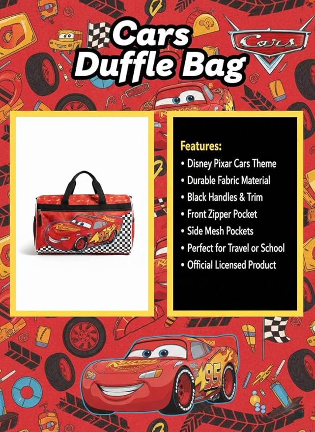 Disney Pixar Cars Kids’ Duffle Bag – Lightning McQueen Travel Gym Bag with Adjustable Strap, Mesh Side Pockets & Zipper Pocket