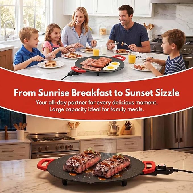 Electric Indoor Grill Nonstick Smokeless, Round Electric Griddle Nonstick for Indoor Use, Portable Korean BBQ Grill with Temperature Control for Kitchen, BBQ, Pan Searing Steak, Pancakes (12in)
