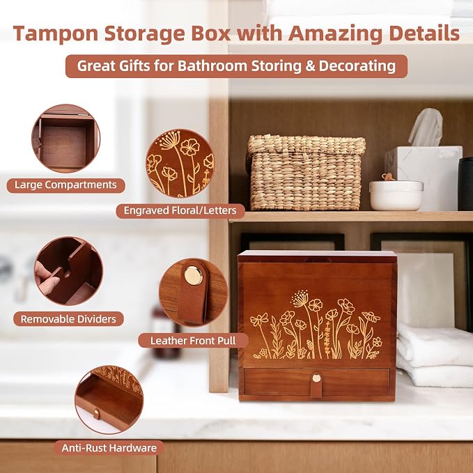 2-Layer Solid Wood Tampon Box Storage Organizer, 100% Wood Bathroom Feminine Accessories Holder with Drawer, Dual-Compartment Holder for Pads, Tampons, & Liners, Gold Floral, Gifts for Women