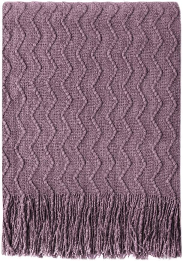 BOURINA Dark Lavender Throw Blanket 50x90 Inch Knit Soft Throw Bed Blanket | Knitted Throw Blanket 50x90 Inches, Soft Lightweight Boho Weave Throw Decorative Couch Blanket for Living Room Bed Runner