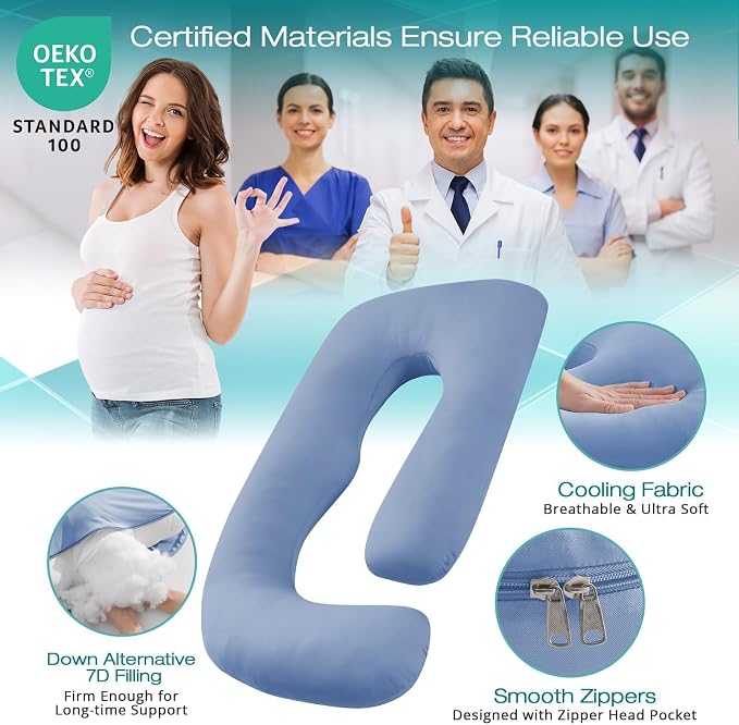 Sasttie Pregnancy Pillows for Sleeping, U Shaped Cooling Full Body Pillow with Removable Cover, Pregnant Women Must Haves, Maternity Essential, Blue