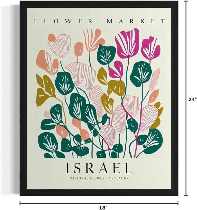 Israel, Cyclamen Art Print Poster, Flower Market Wall Art, Floral Artwork Decor for Bedroom, Kitchen, Bathroom, Livingroom Decoration 52 (Israel, Cyclamen, 24"L x 18"W, Black Frame)