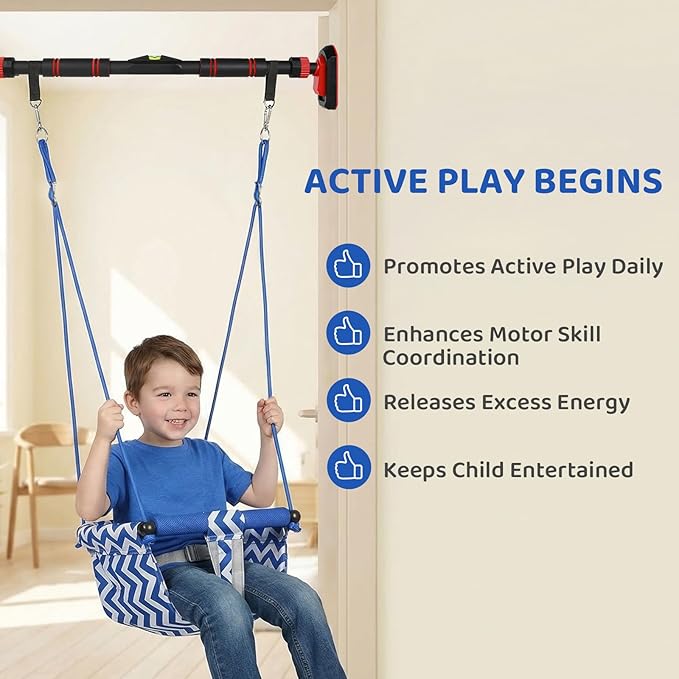 Slevoo Kids Doorway Jumper Swing & Pull-Up Bar Gym, Fits 38"-45" Hallway Doorway, 4-in-1 Indoor Exercise & Play Equipment for Toddlers & Kids
