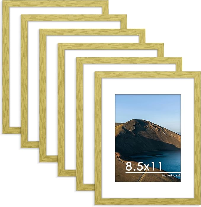 8.5x11 Picture Frame Set of 6, Wall Mount Display, Gold | Display Pictures 6x8 with Mat or 8.5x11 Without Mat, Horizontal or Vertical, Gallery Wall Frame Set, Wedding Birthday Gifts