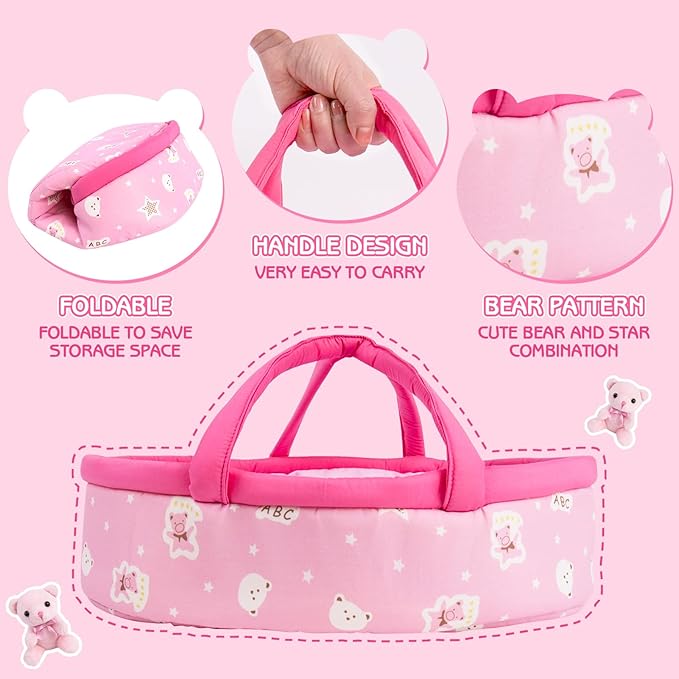 Aori 10 Pcs Reborn Baby Dolls Clothes Set with Pink Bassinet for 16-18 Inch Reborn Doll, Carrier Bed and Doll Clothes Outfit Accessories fit Newborn Baby Girl