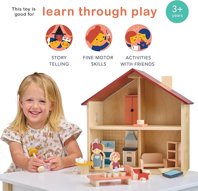 Mentari Toys - Poppets Dollhouse - Fully Furnished Open-Style Wooden Dollhouse with Windows & 4 Rooms - Compact House for Dolls - Great for Imaginative Play, Skill Development & Storytelling - Age 3+