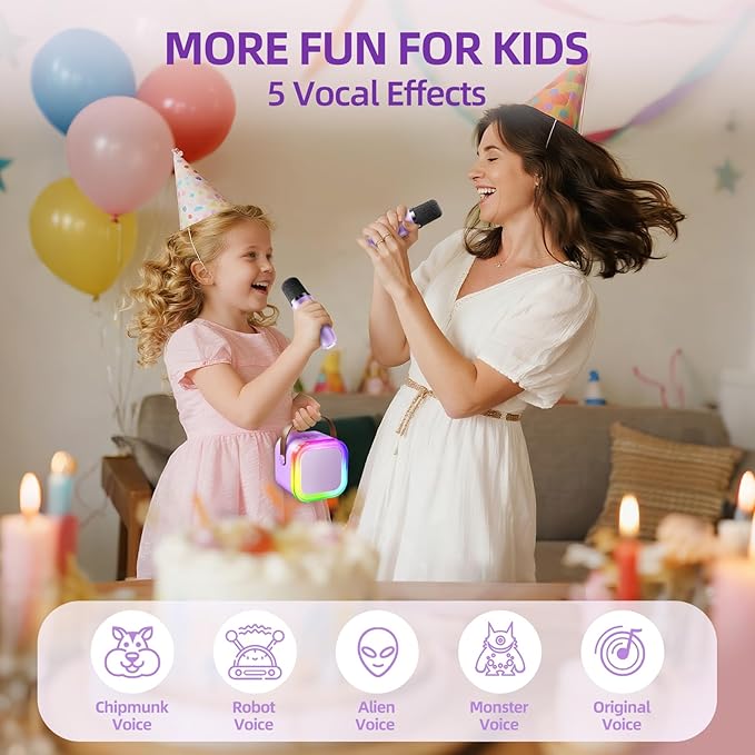 Kinglucky Mini Karaoke Machine for Kids, Top Birthday Gift Pick for Girls Ages 3, 4, 5, 6, 7, 8, 9, 10, 11, 12 Years Old, Kids' Personal Video Players Accessories with 2 Mics & 5 Voice Effects, Purple