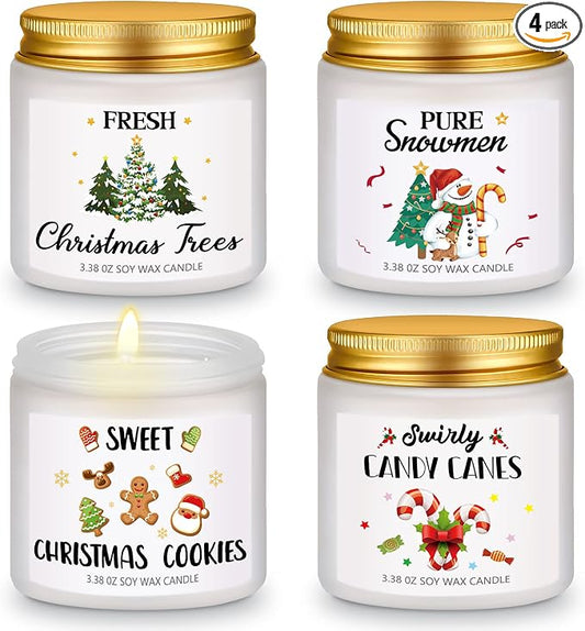 4 Pcs Christmas Scented Candles Gift Set 3.38 oz Mini Soy Wax Xmas Fresh Aromatherapy Holiday Jar Candle Gifts Christmas Tree Cookies Candy Cane Snowman Scent for Women Men