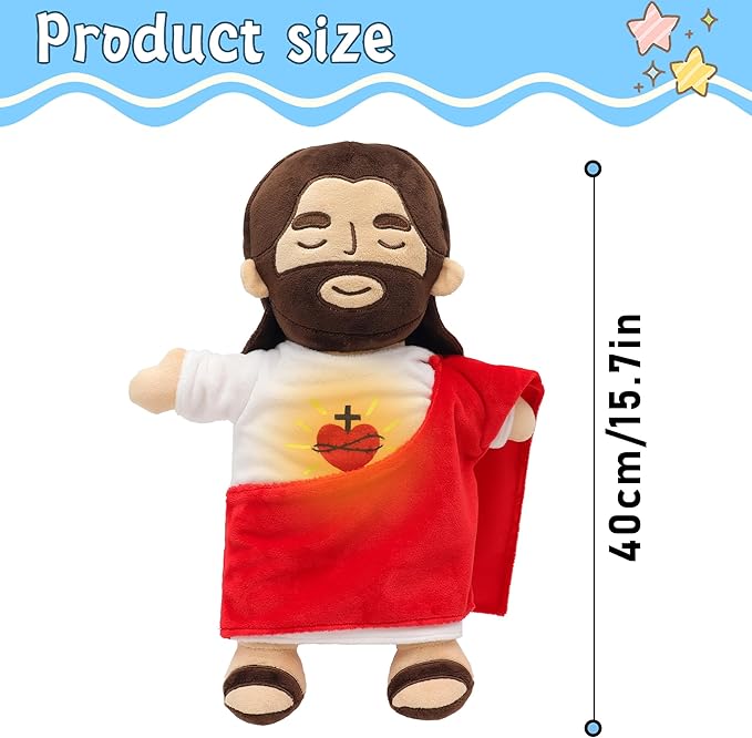 Officially Jesus Plush Breathing Soothing Stuffed Animal Heart of Jesus Toy Savior Doll for Church Sunday School Religious Easter Gift (Brown)