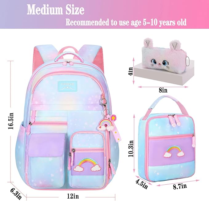 3Pcs Kids Backpack For Girls,Cute Rainbow Student School Backpack With Lunch Bag Pen Bag Set (Blue Medium 16.5in