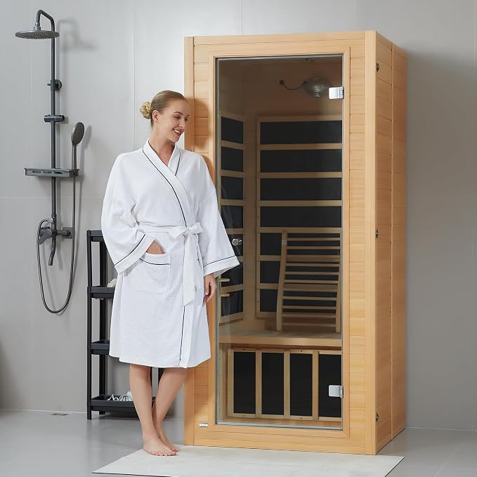 Infrared Sauna Room for Home, Near Zero EMF Wooden 1 Person Indoor Home Sauna with Bluetooth, LCD Control Panel, Chromo Therapy Light