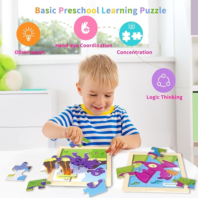 Wooden Puzzles for Toddlers, 9 Pieces Dinosaur Jigsaw Puzzles for Kids Ages 3-5 4-6, Preschool Learning Activities, Learning & Educational Toys, Gifts for Boys, Girls Ages (8 Pack)