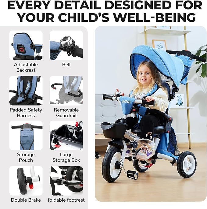 JMMD 7 in 1 Tricycle Stroller with Push Handle, Baby Trike with 360° Swivel Seat, Reclining Backrest, All-Terrain Wheels, Dual Brakes, Canopy & Storage, Gift for Kids 18 Months to 5 Years, Blue