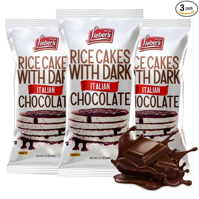 LIEBERS Dark Chocolate Rice Cakes, Kosher, Dairy Free, Gluten Free, 3 Pack | Vegan Whole Grain Brown Rice Snack, Crispy & Low Calorie, 60 Calories or Less per Cake, Dark Italian Chocolate