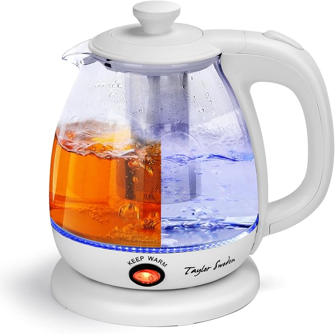 Taylor Swoden Electric Kettle With Tea Infuser, 1L Small Electric Kettle With Keep Warm, LED Light Hot Water Boiler & Heater For Coffee & Tea, Auto Shut-Off & Boil Dry Protection, Bpa Free, White