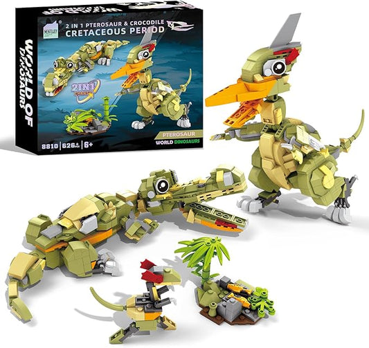 2 in 1 Pterosauria&Crocodile Dinosaur World Park Building Set,Dino Blocks Toys Sets for Boys,Age 6+ Year Old