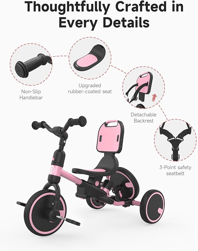 besrey Toddler Bike 1-3 Years Old,Toddler Tricycle with Spare Wheel,5 in 1 Kids Trike with Push Handle,Backrest and Safety Belt,Balance Bike 1+ Year Old,Birthday Gift and Toy for Boys and Girls
