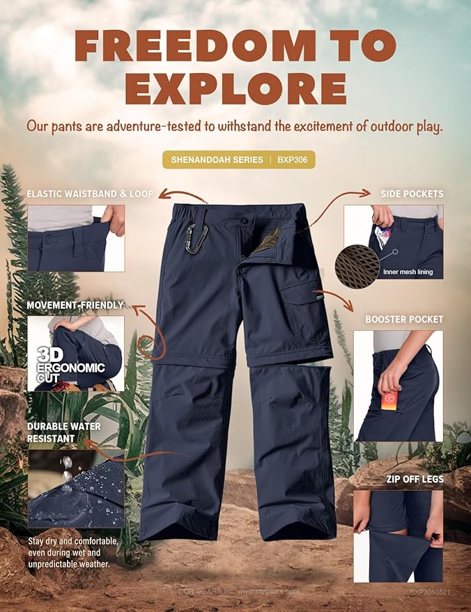CQR Kids Youth Hiking Cargo Pants, UPF 50+ Quick Dry Convertible Zip Off Pants, Outdoor Camping Pants