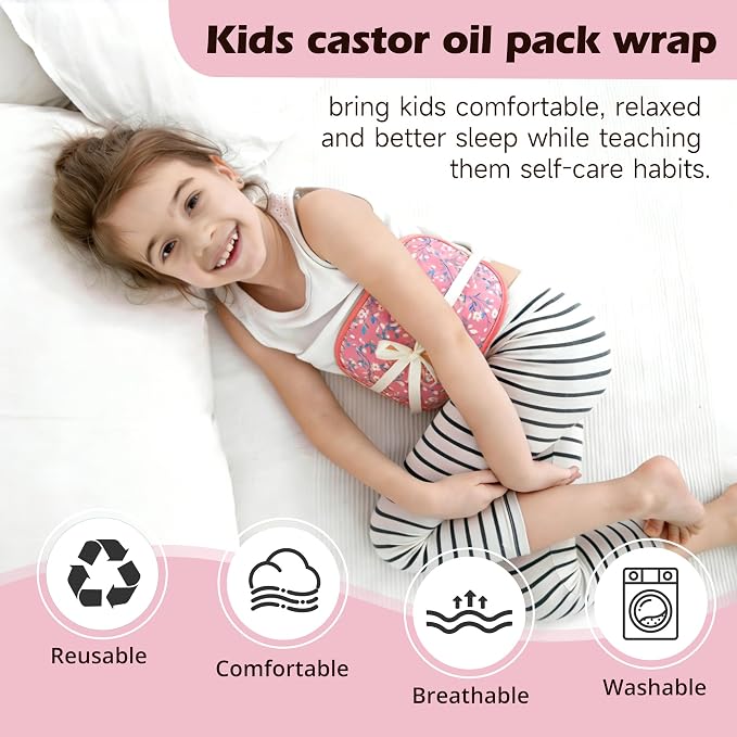wegreeco Kids Castor Oil Pack Wrap, Reusable Kids Castor Oil Packs for Liver Stomach, Machine Washable Anti Oil Leak 1Pc with Adjustable Strap Pink Flowers (Oil Not Included)