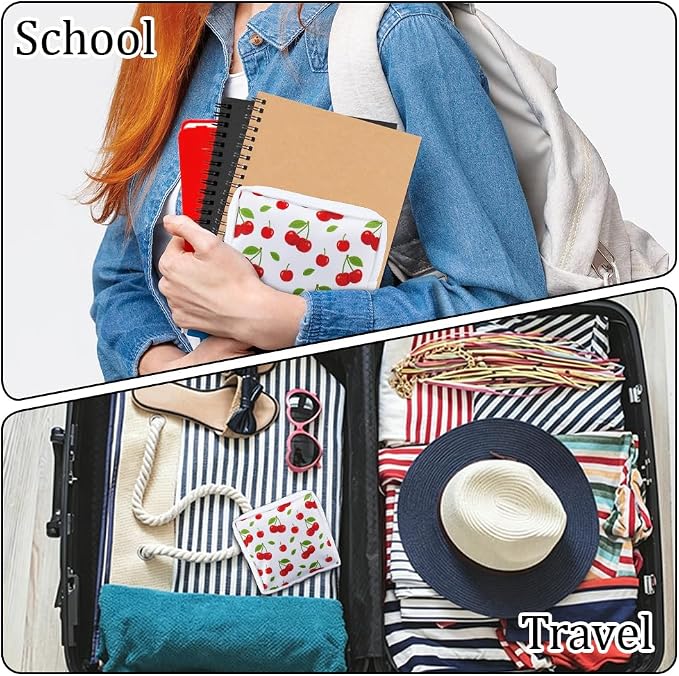 Cherry Period Bag Pouch 5.12 x 5.12 x 1.57 Inch Sanitary Napkin Storage Bag with Zipper Portable Reusable Waterproof Polyester Menstrual Pad Pouch First Period Gifts for Women Daily Use