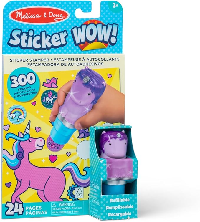 Melissa & Doug Sticker Wow!™ 24-Page Activity Pad and Sticker Stamper, 300 Stickers, Arts and Crafts Fidget Toy Collectible Character – Purple Unicorn - for Kids Ages 3+ - FSC Certified
